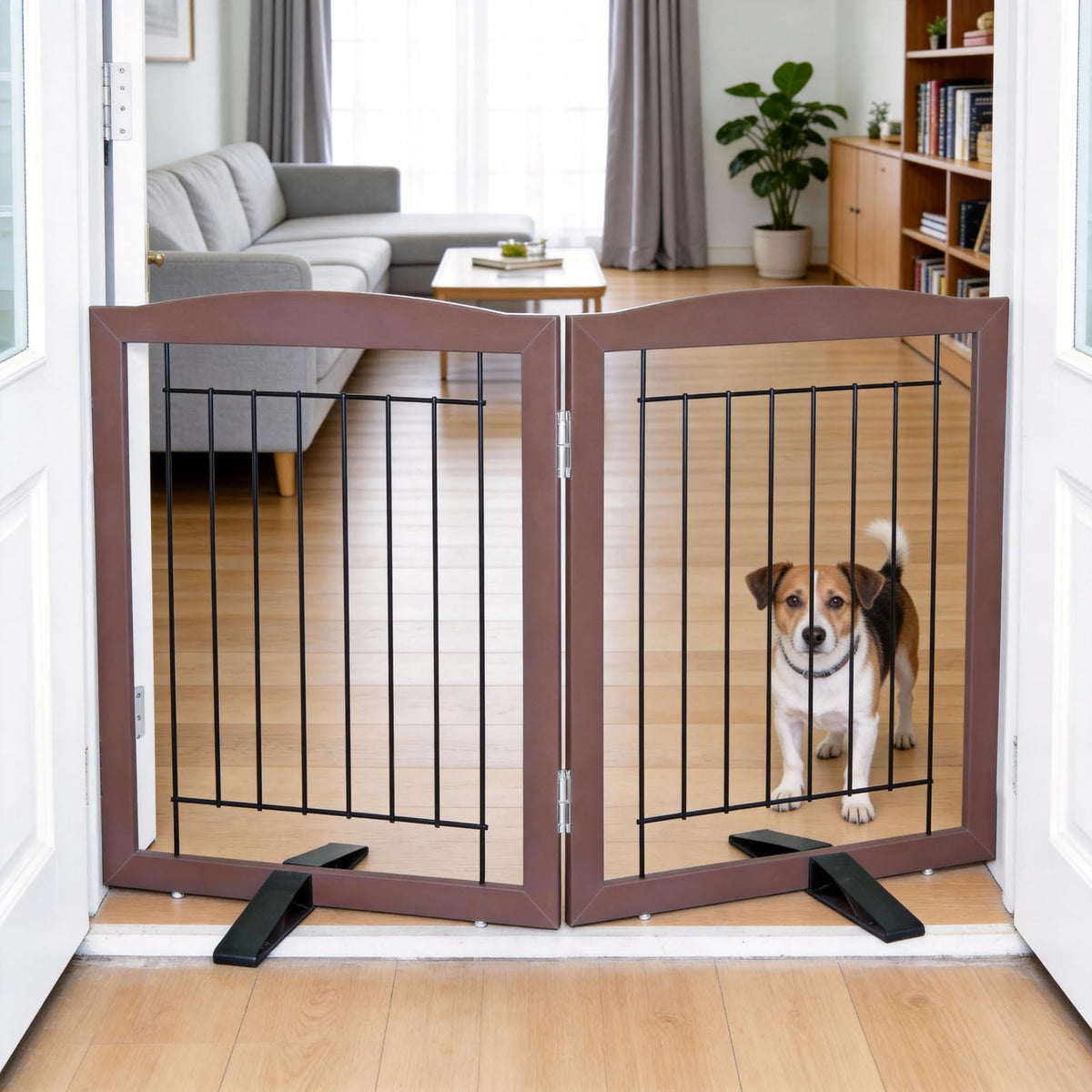 ZJSF Freestanding Dog Fence Indoor, Foldable Dog Gate for Doorways, Stairs or Hallways, Sturdy Wood Extra Wide Pet Gate with Support Feet for The House, White, 24 "Height-3 Panels