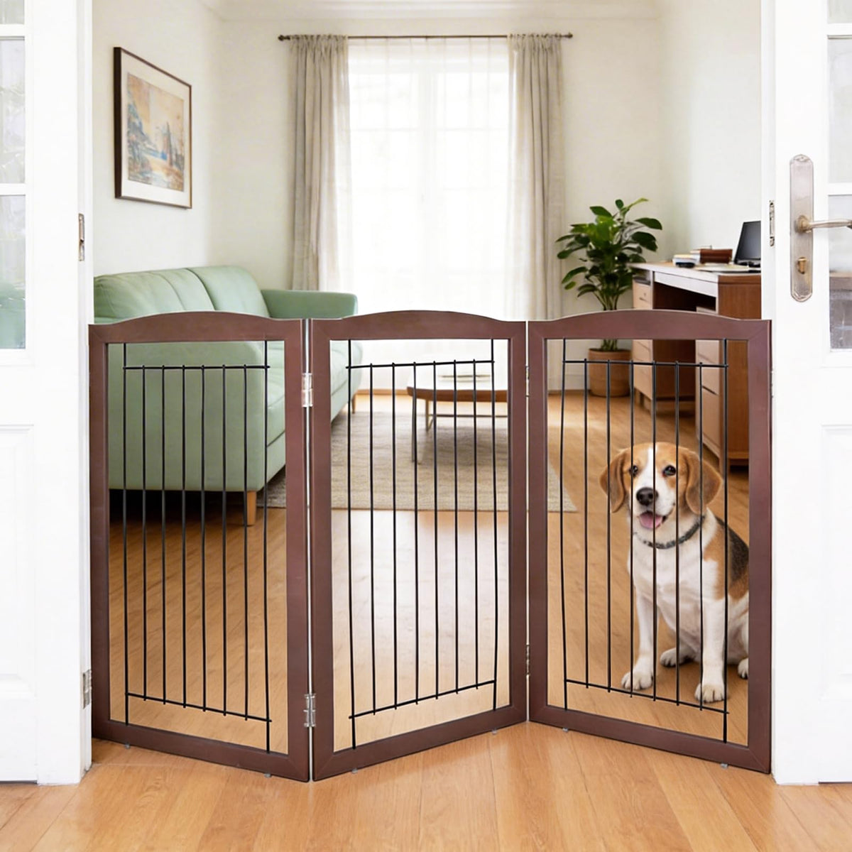 ZJSF Freestanding Foldable Dog Gate for House Extra Wide Wooden White Indoor Puppy Gate Stairs Doorways Pet Gate Tall Dog Fence 3 Panels Fence
