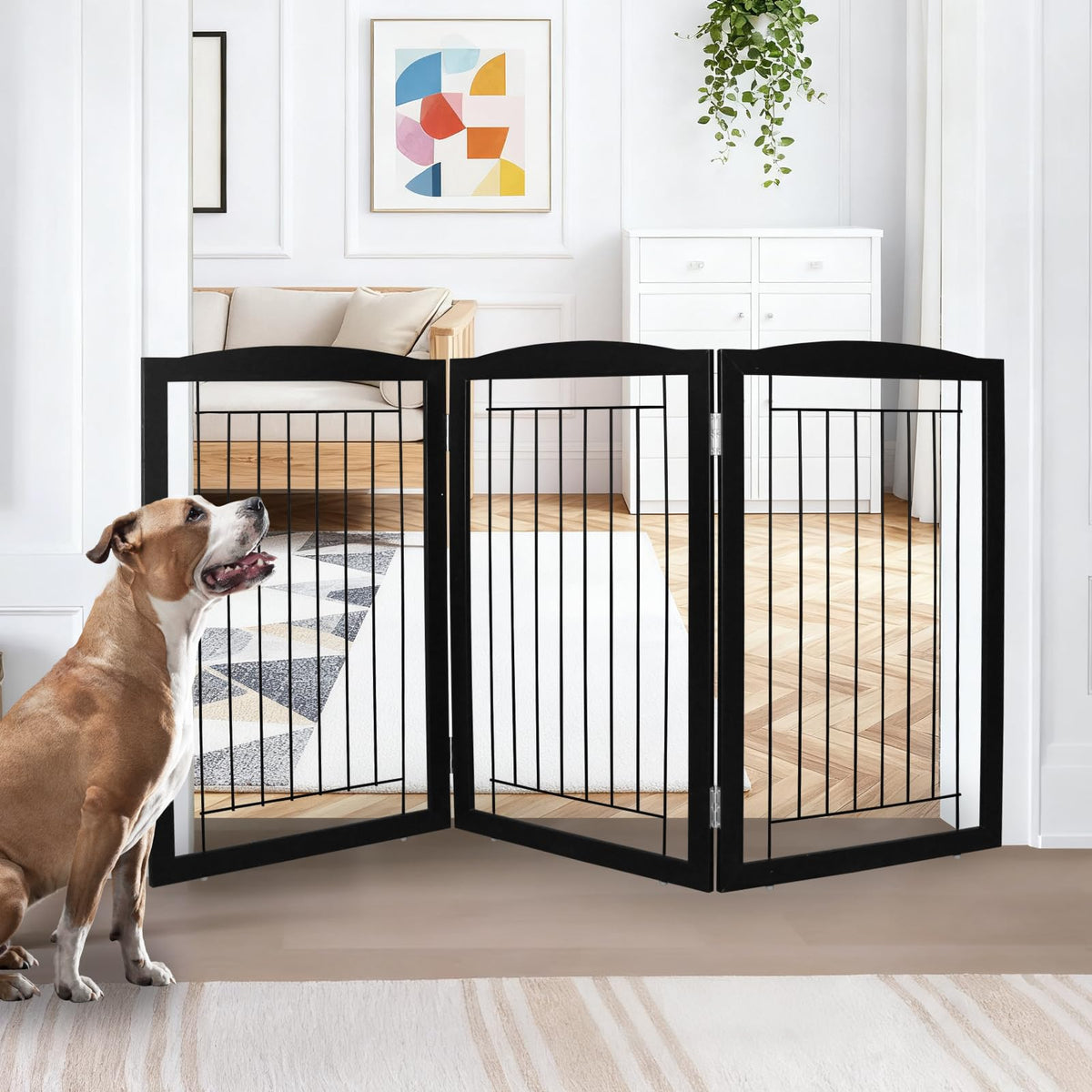 ZJSF Freestanding Foldable Dog Gate for House Extra Wide Wooden White Indoor Puppy Gate Stairs Doorways Pet Gate Tall Dog Fence 3 Panels Fence