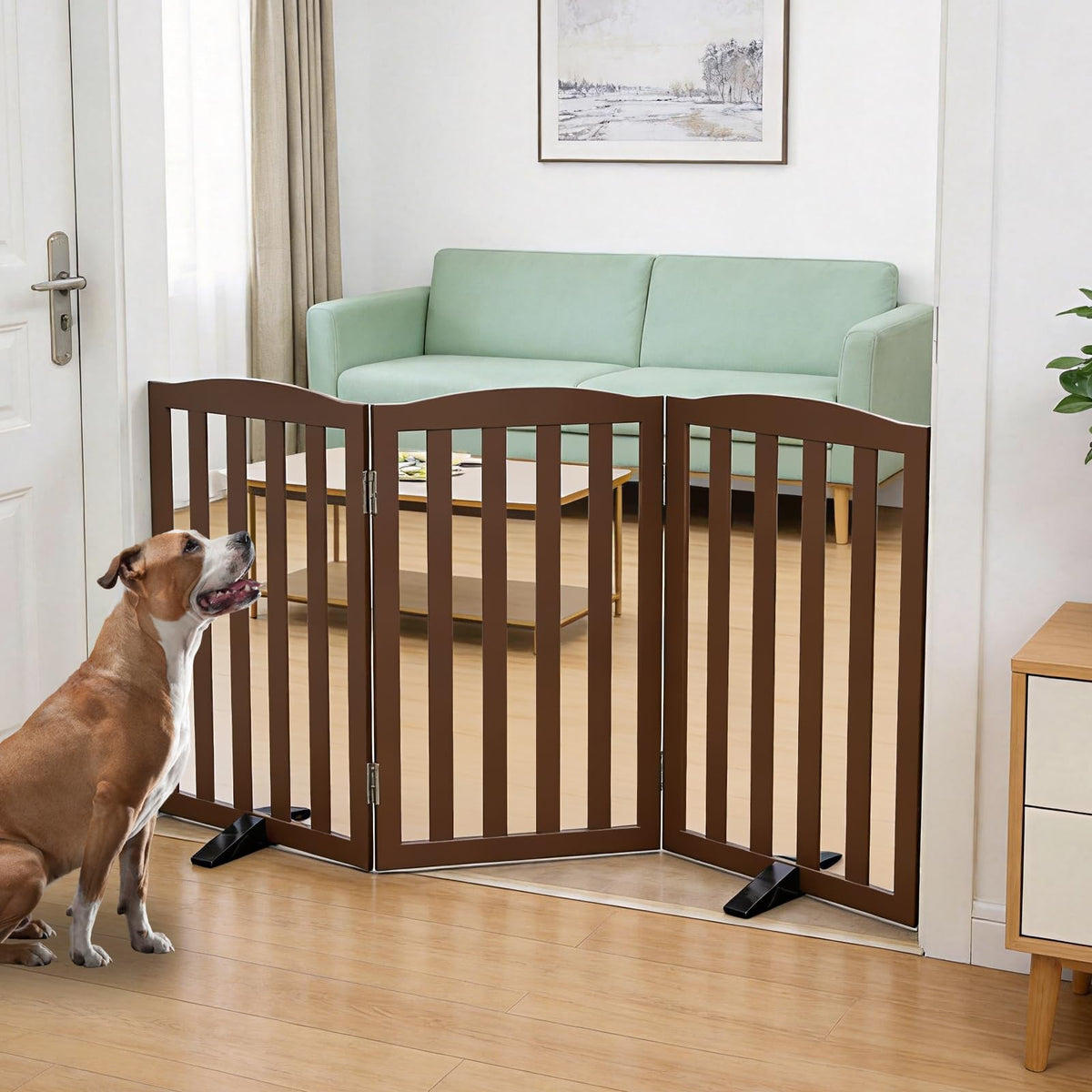 Freestanding Dog Gate Indoor,Doggie Gate Foldable Pet Gates for Doorways,Stairs or Hallways, Wooden Brown Pet Gate for the House, Pet Fence with Support Feet Included,24 "Height-2 Panels