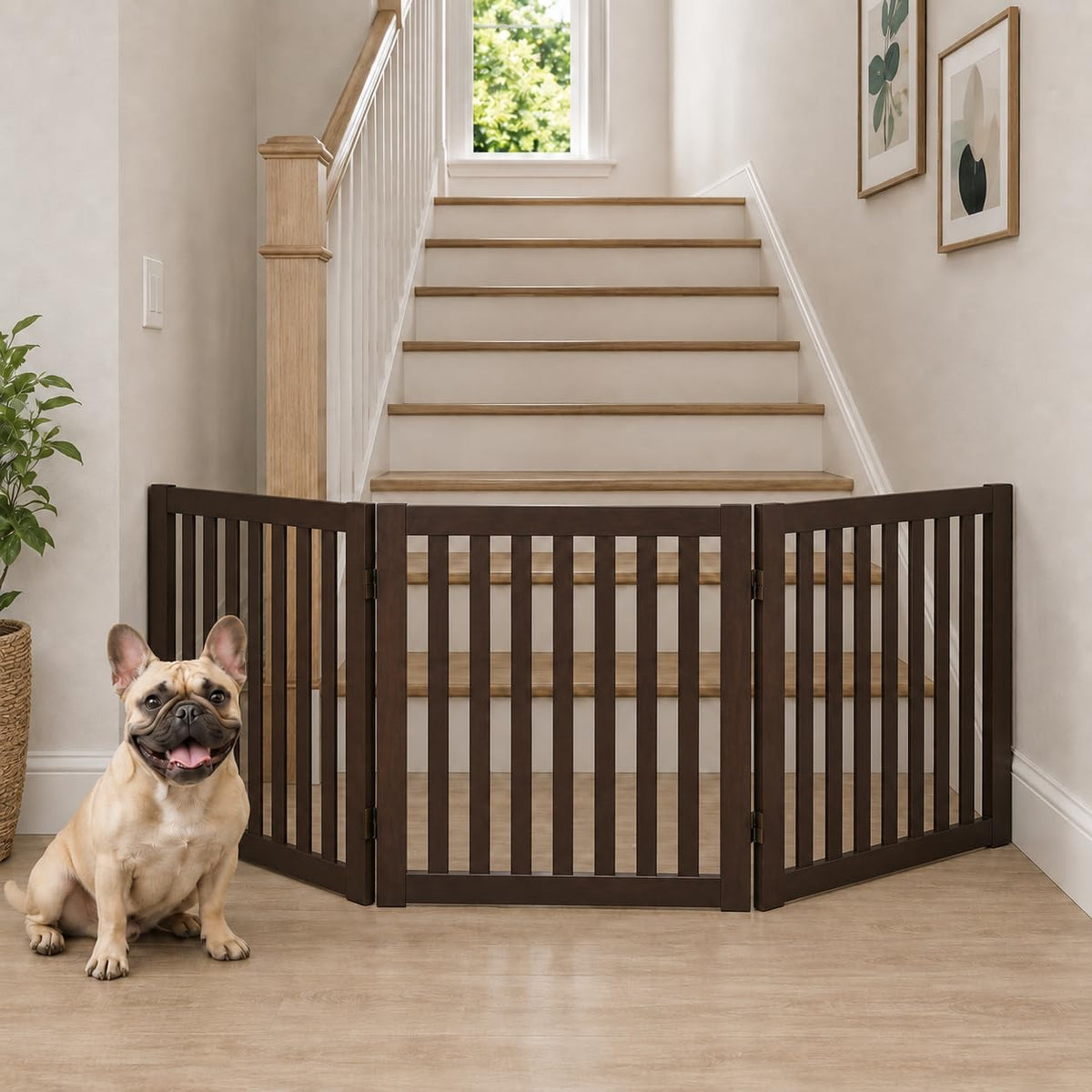 WELLAND Freestanding Dog Gate, Indoor Folding Pet Gate, 3-Panel Espresso