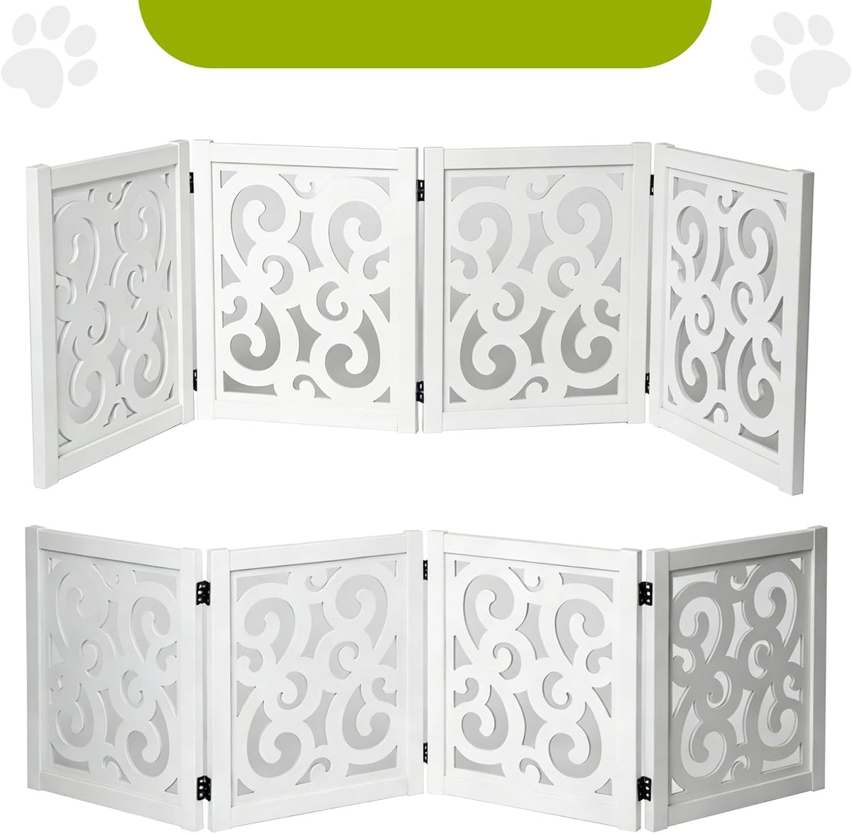 Ashfield & Harkness 4-Panel Pet Gate - Scroll White Wooden Freestanding Dog