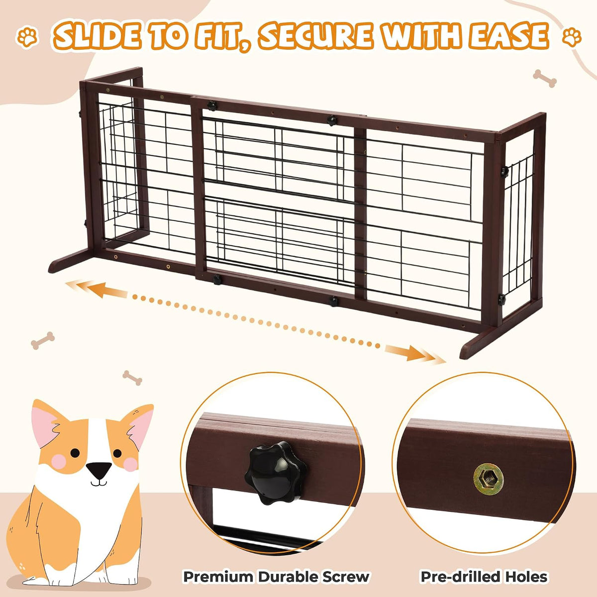 Coziwow 38-67" Freestanding Adjustable Dog Gate, No Drilling, Brown