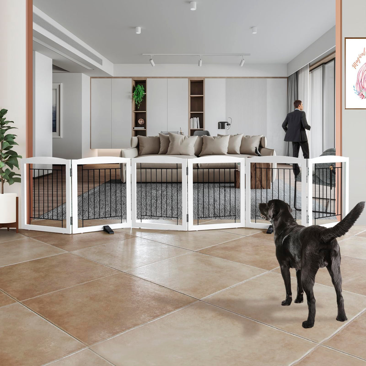 ZJSF Freestanding Dog Fence Indoor, Foldable Dog Gate for Doorways, Stairs or Hallways, Sturdy Wood Extra Wide Pet Gate with Support Feet for The House, White, 24 "Height-3 Panels
