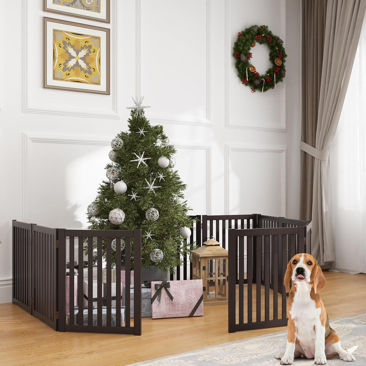 WELLAND Freestanding Dog Gate, Indoor Folding Pet Gate, 3-Panel Espresso