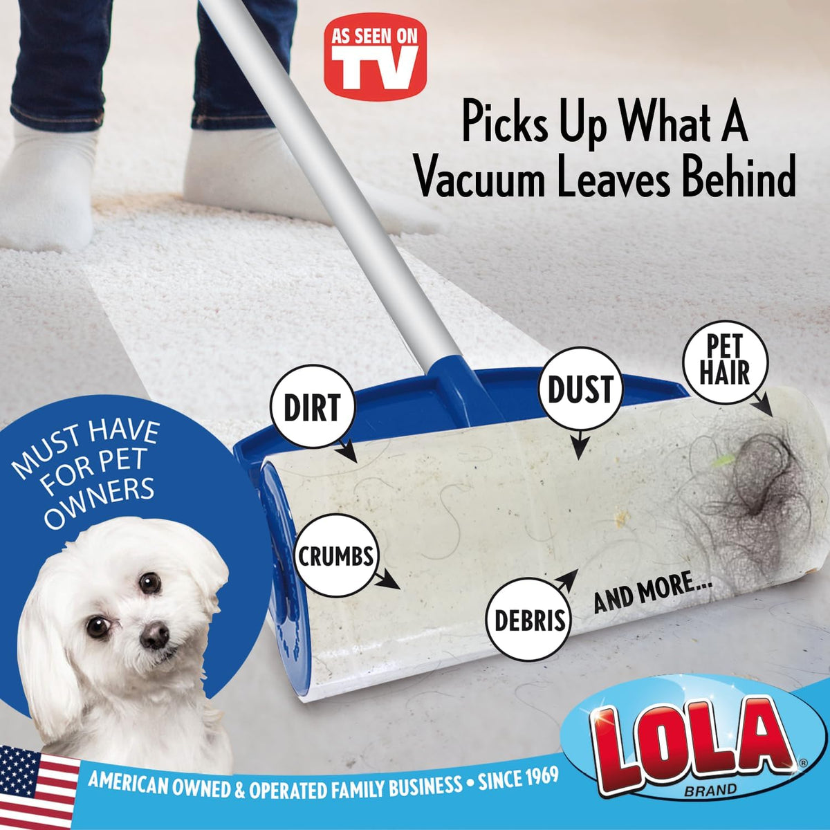 LOLA Rola PET Hair Remover Sticky Mop, Giant Floor Lint Roller, 9.5" x 3.5", Aluminum Handle, Largest Head, Traps Hair, Dust, Dirt, Extra Sticky Sheets