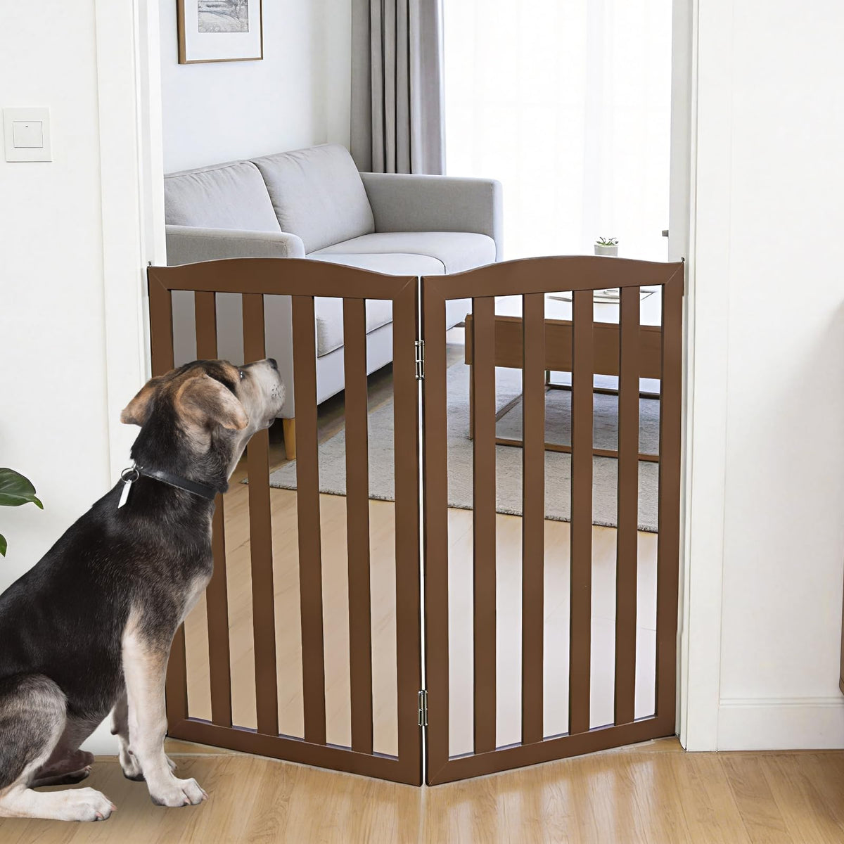 ZJSF Foldable Freestanding Indoor Dog Gate for House Wood White Long Pet Gates Dog Fence for Stairs Puppy Gates for Hallways, Puppy Gate,Support Feet Included, Brown, 24 "Height-3 Panels