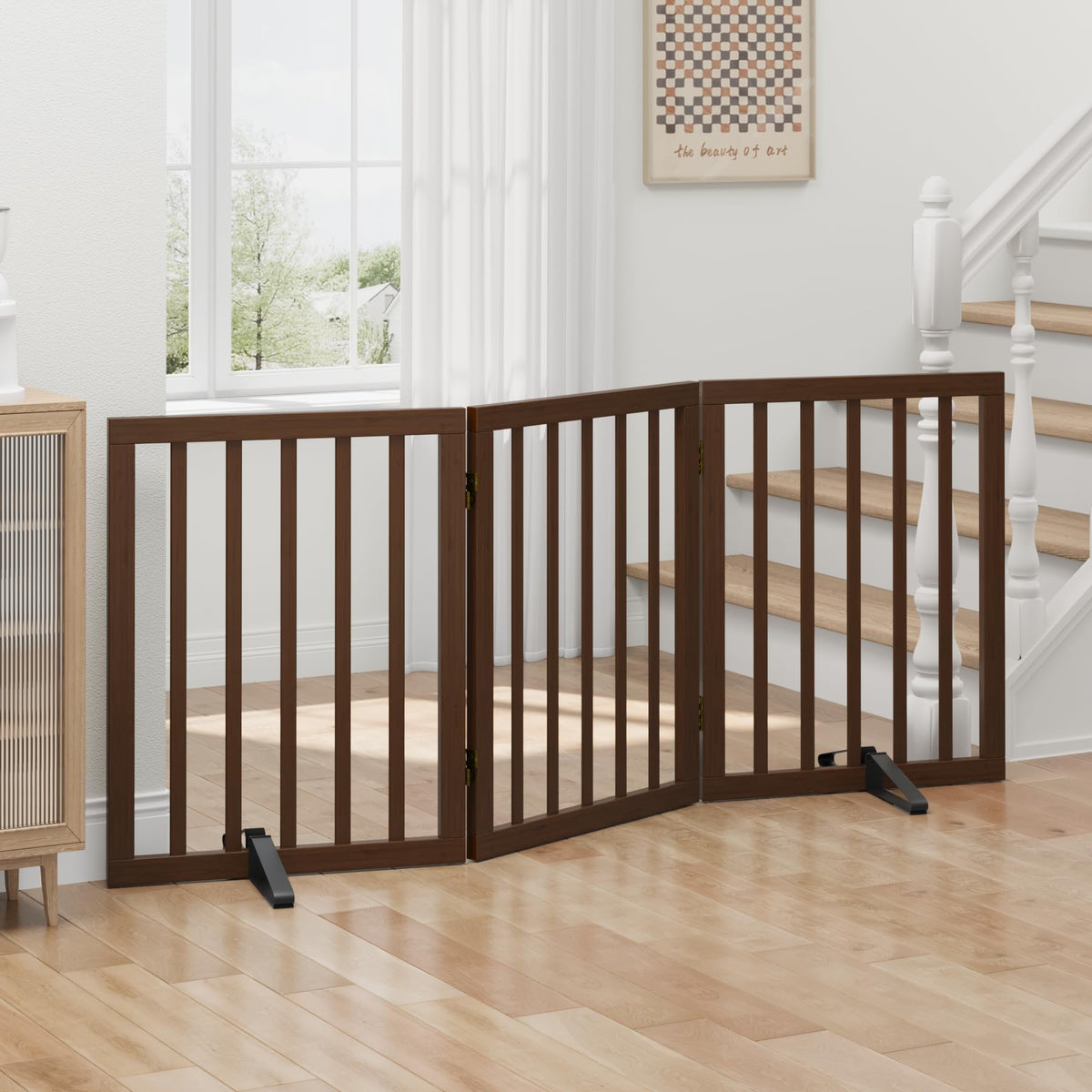 Dog Gates for Doorways, Tall Dog Gate Indoor, Foldable Pet Gates for Doorways Bedroom, Freestanding Puppy Gate with Metal Support Feet, Room Divider,3 Panels (Walnut)