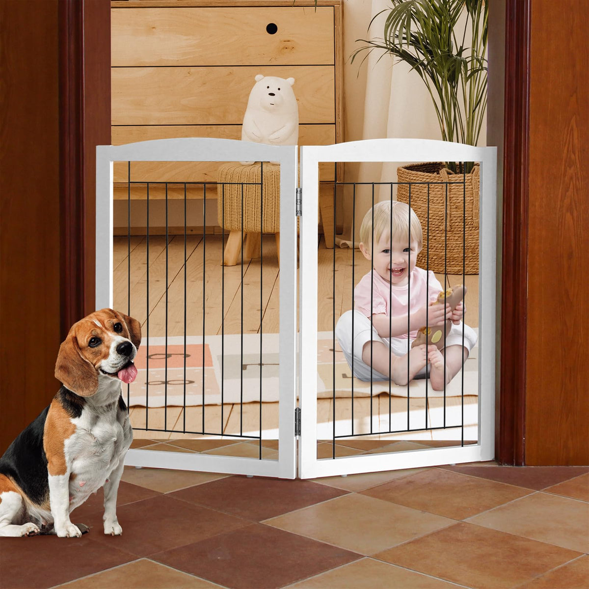 ZJSF Freestanding Foldable Dog Gate for House Extra Wide Wooden White Indoor Puppy Gate Stairs Doorways Pet Gate Tall Dog Fence 3 Panels Fence