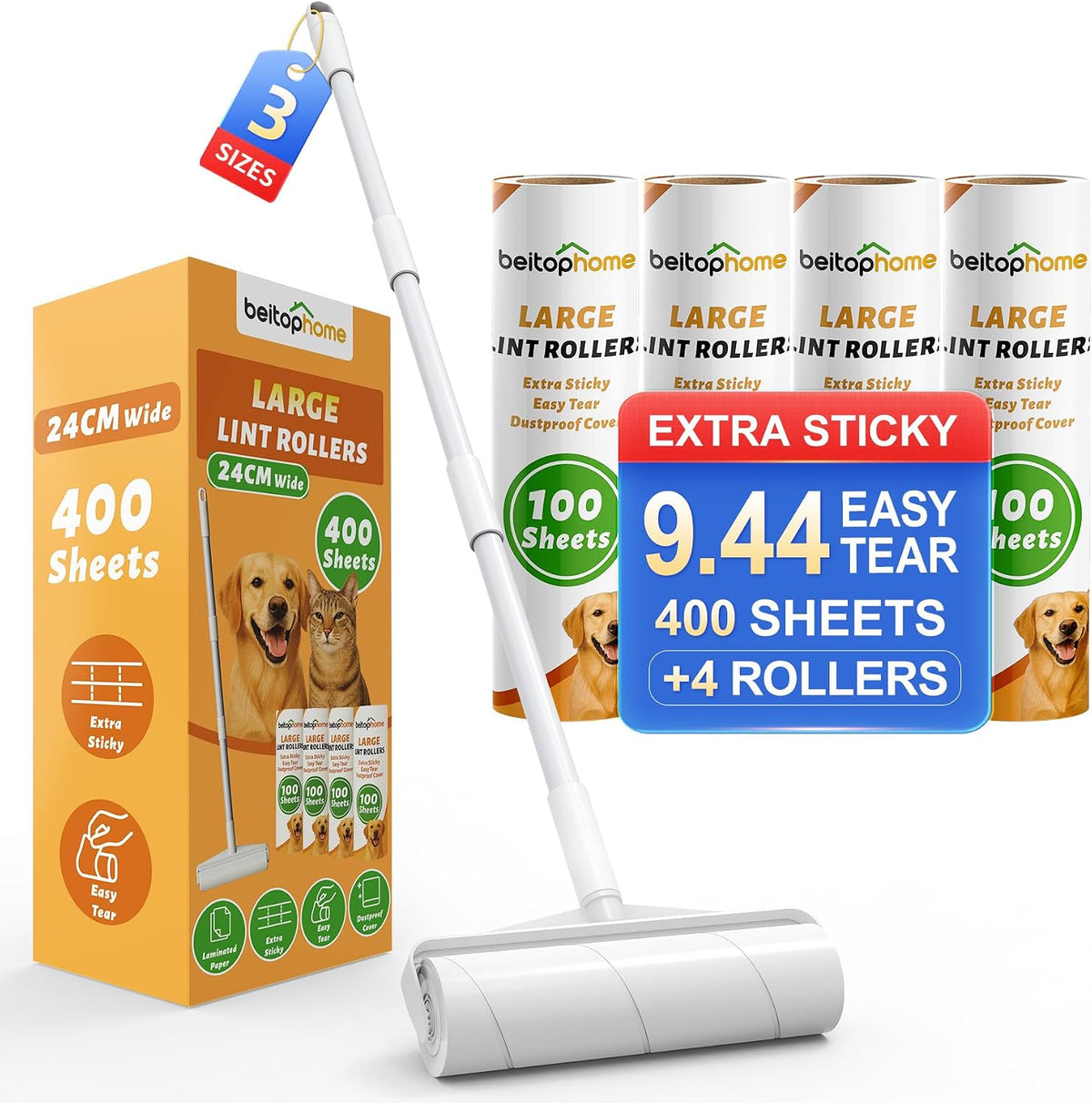 9.45” 400 Sheets Large Lint Roller for Pet Hair