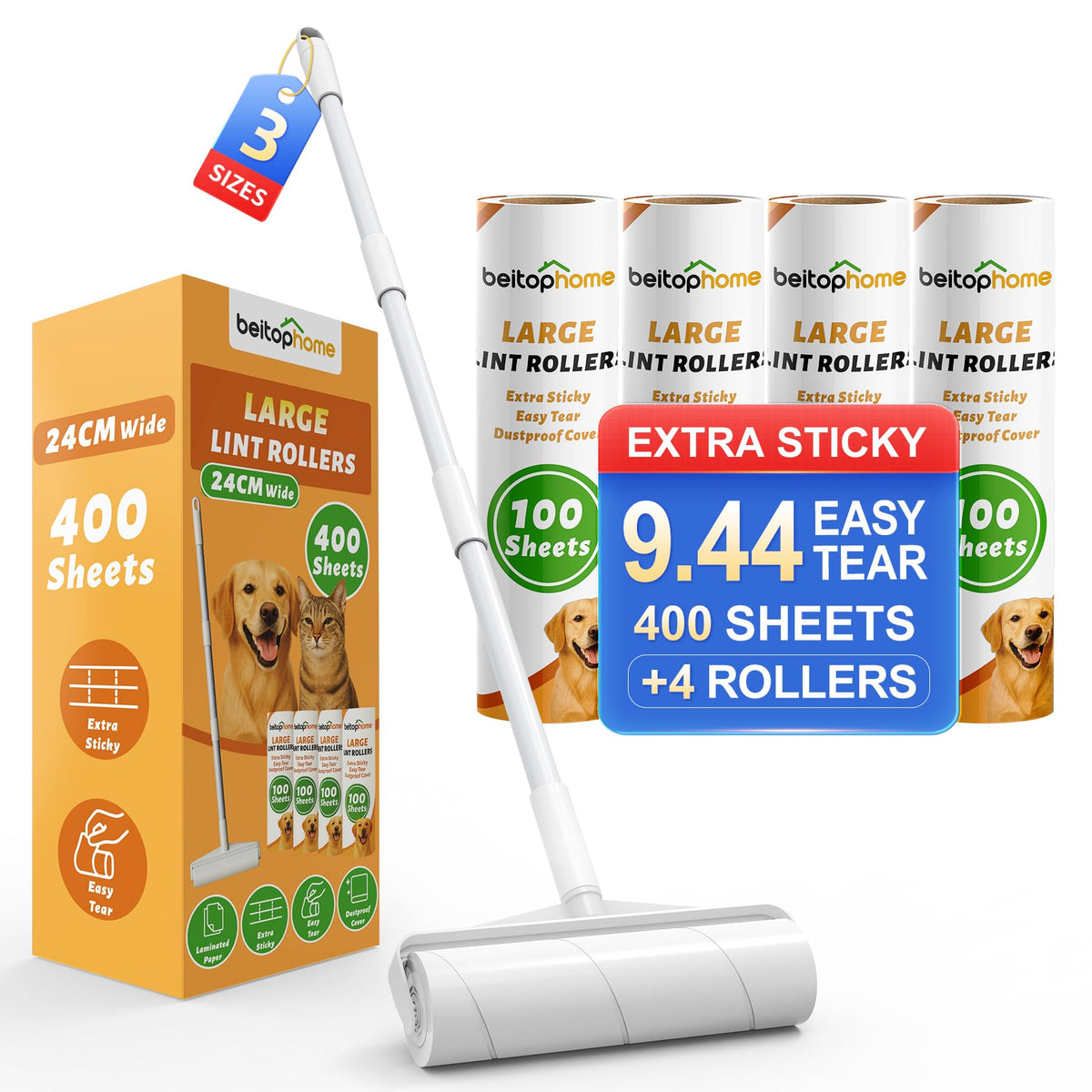 9.45” 400 Sheets Large Lint Roller for Pet Hair