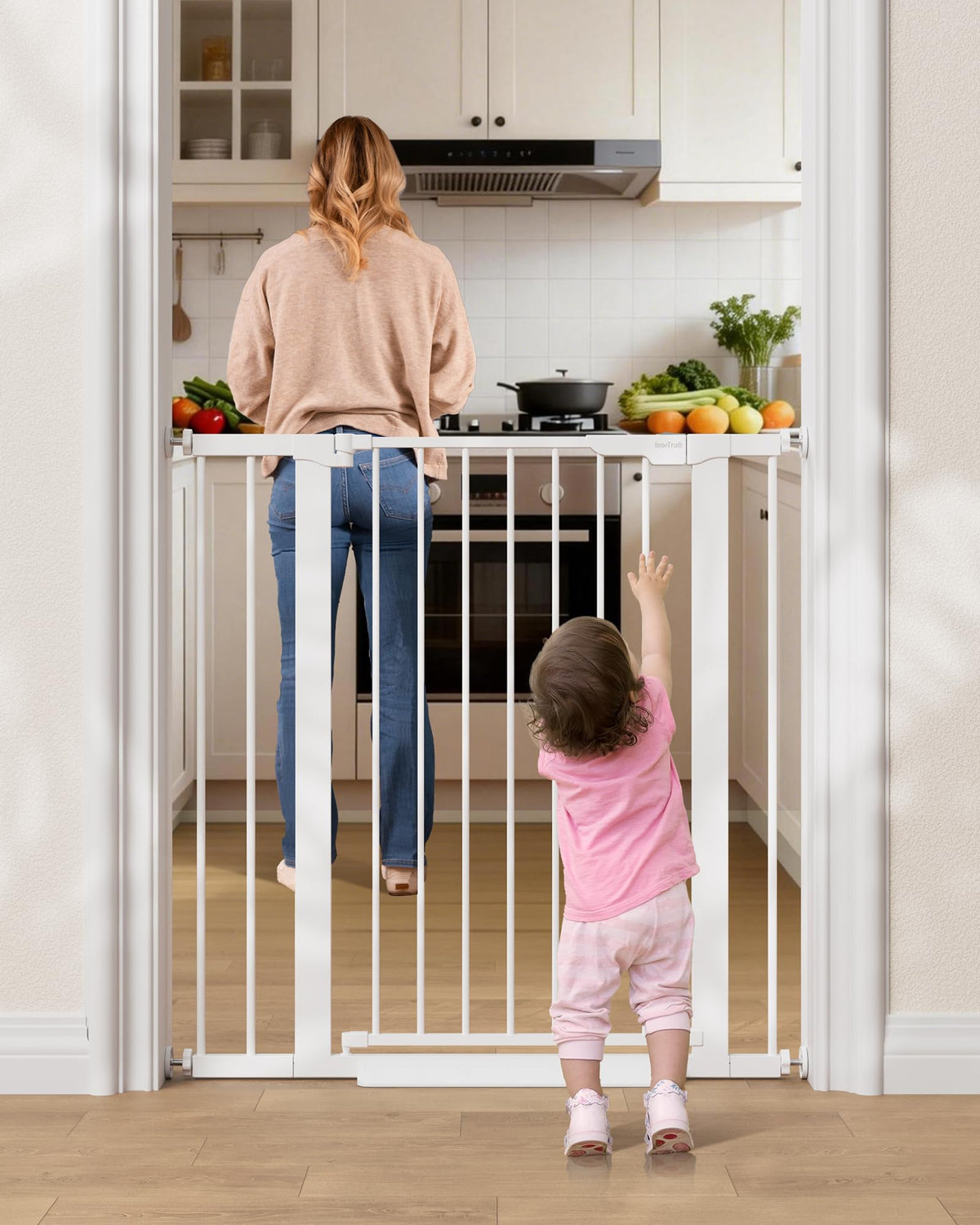 InnoTruth 29.6-39.1 in Wide Baby Gate for Stairs and Doorways, Brown