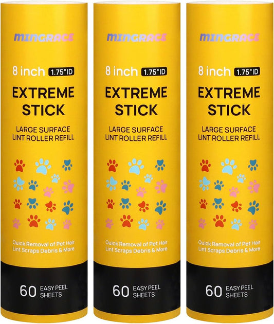 8 inch Large Lint Roller Refills for Scotch-Brite 50% Stickier Large Surface Lint Roller 60 Sheets per Refill, Pack of 3, 180 Sheets Total, Works Great On Pet Hair