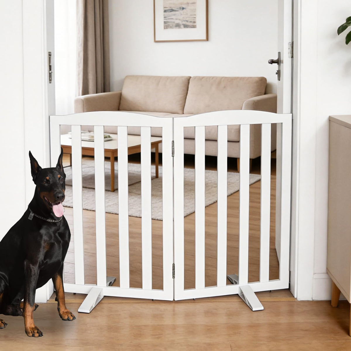 Freestanding Dog Gate Indoor,Doggie Gate Foldable Pet Gates for Doorways,Stairs or Hallways, Wooden Brown Pet Gate for the House, Pet Fence with Support Feet Included,24 "Height-2 Panels