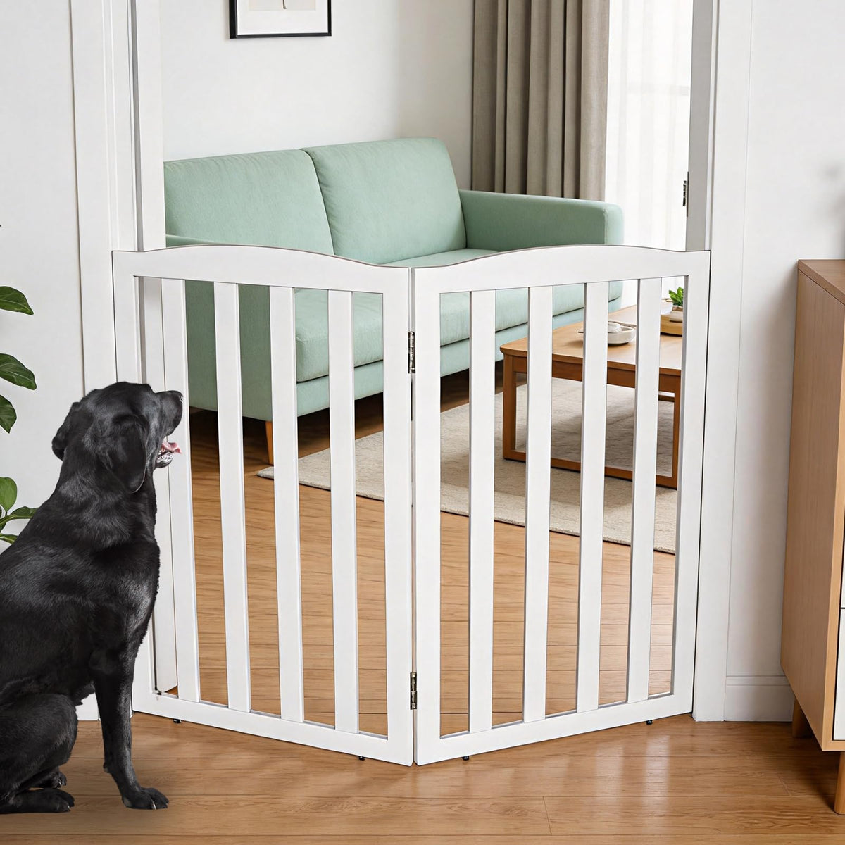 Freestanding Dog Gate Indoor,Doggie Gate Foldable Pet Gates for Doorways,Stairs or Hallways, Wooden White Pet Gate for the House, Pet Fence with Support Feet Included,24 "Height-3 Panels