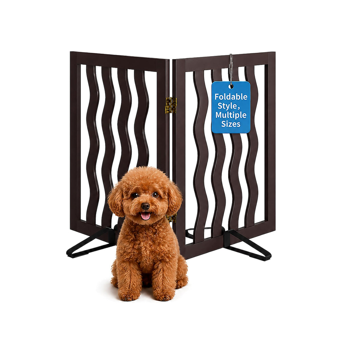 Semiocthome Dog Gate Wooden 360° Foldable 24 Inch Height Freestanding Pet Safety Gate with 2 Metals Stands for Puppy Indoor House Use (Brown, 2-Panel, Rounded Corner Pattern)