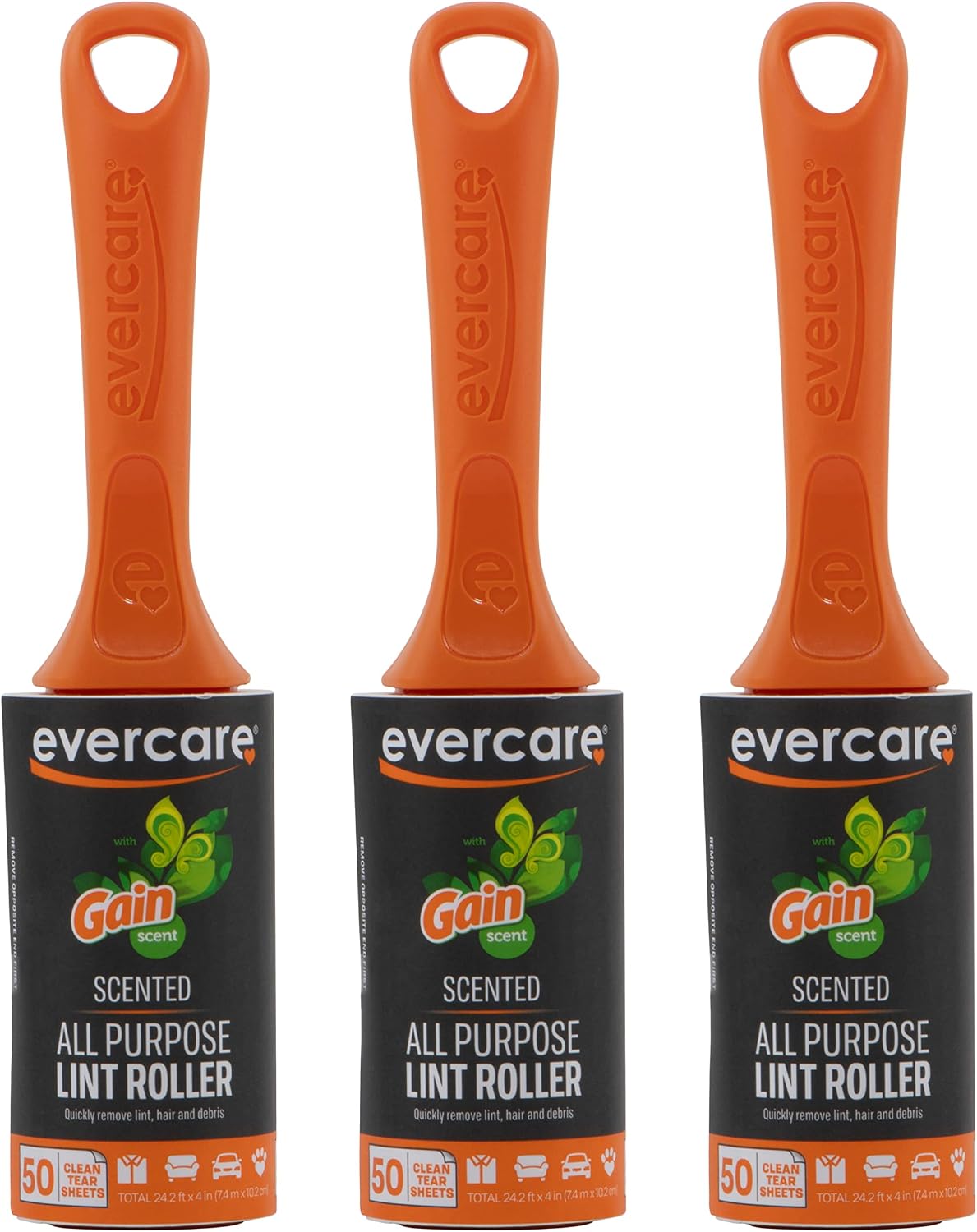 Evercare Gain Scented All-Purpose Lint Roller Brushes with 50 Sheets, Pack of 3 Manual Refillable Lint Rollers with Gain Scent (150 Sheets Total)