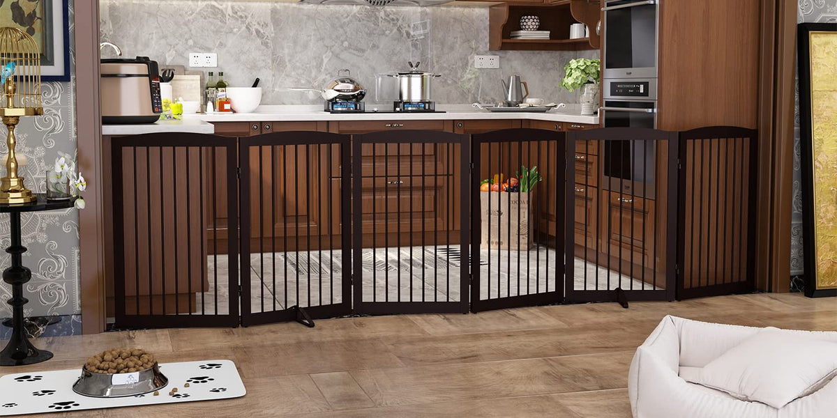 PUPETPO Freestanding Pet Gate for Dogs, Foldable Wooden Dog Gate for House, Indoor Pet Barrier for Stairs, Doorways, Support Feet Included, 24" Height 2 Panels, White