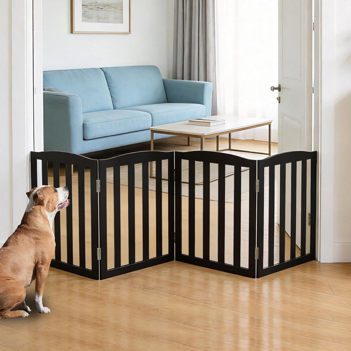 Freestanding Dog Gate Indoor,Doggie Gate Foldable Pet Gates for Doorways,Stairs or Hallways, Wooden White Pet Gate for the House, Pet Fence with Support Feet Included,24 "Height-3 Panels