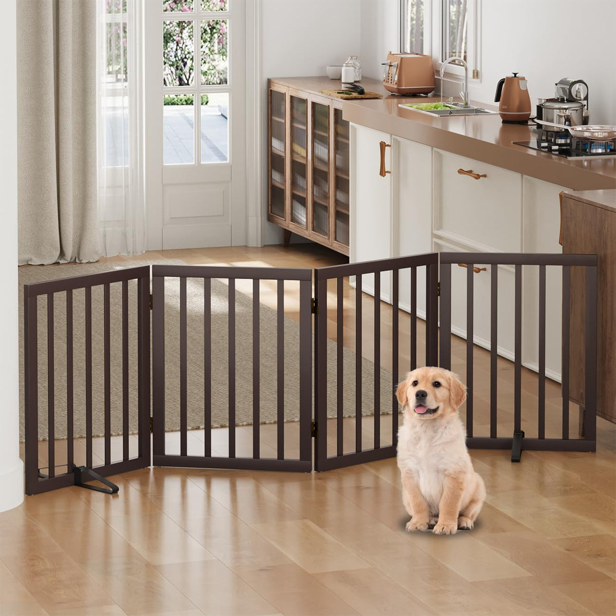 Dog Gates for Doorways, Tall Dog Gate Indoor, Foldable Pet Gates for Doorways Bedroom, Freestanding Puppy Gate with Metal Support Feet, Room Divider,3 Panels (Walnut)