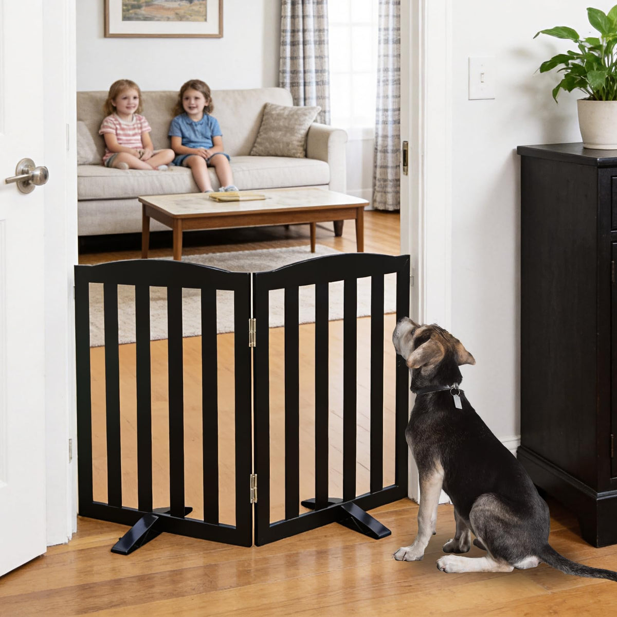 ZJSF Foldable Freestanding Indoor Dog Gate for House Wood White Long Pet Gates Dog Fence for Stairs Puppy Gates for Hallways,Pet Fence, Puppy Gate,Support Feet Included 24 "Height-3 Panels