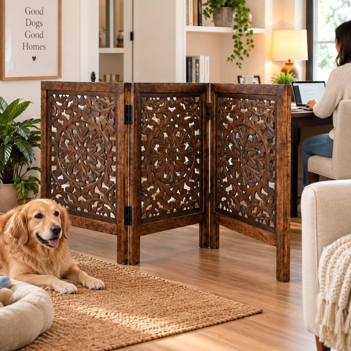 Free Standing Dog gate, Foldable Wooden Pet Gate Indoor 20W x 24H