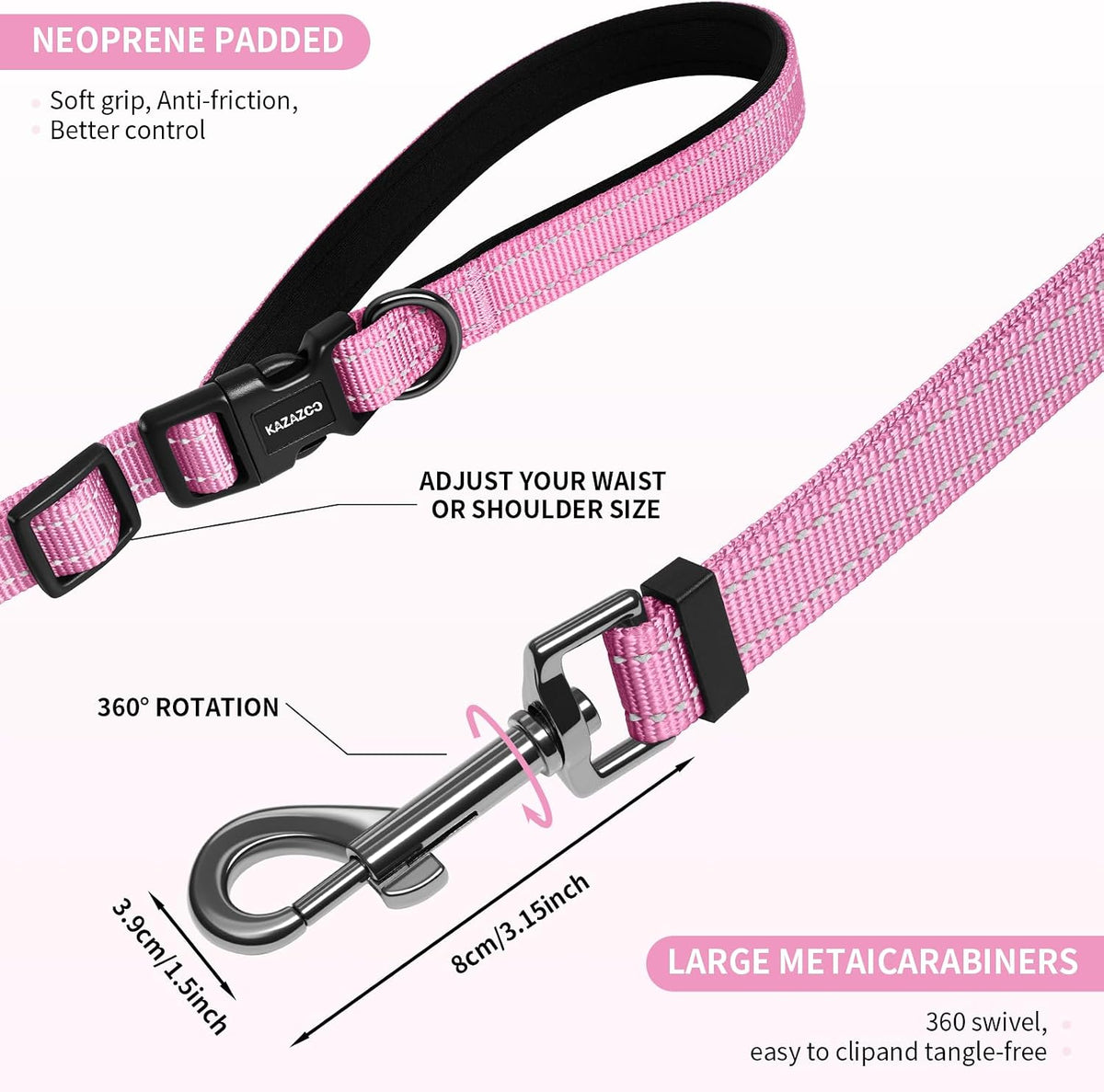 Kazazoo Hands-Free Dog Leash Adjustable Length 5-8 Ft,Waist & Crossbody Leash for Walking with Small Dogs Bichon Frisé & Teddy Reflective Strips, Ballistic Nylon, Waist Belt, Lightweight Pink