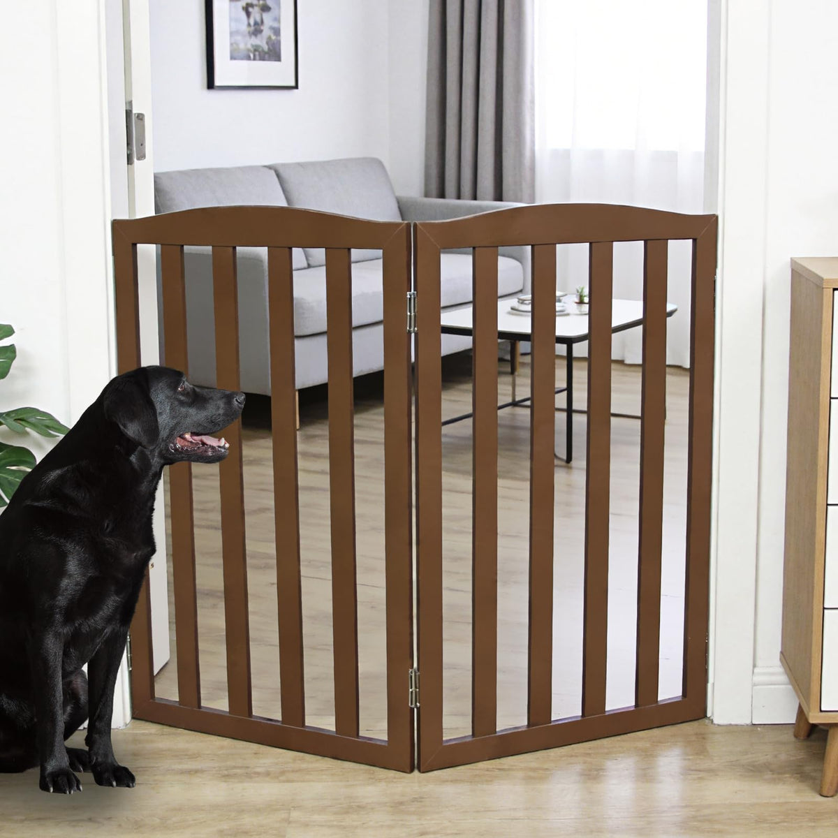 Freestanding Dog Gate Indoor,Doggie Gate Foldable Pet Gates for Doorways,Stairs or Hallways, Wooden White Pet Gate for the House, Pet Fence with Support Feet Included,24 "Height-3 Panels