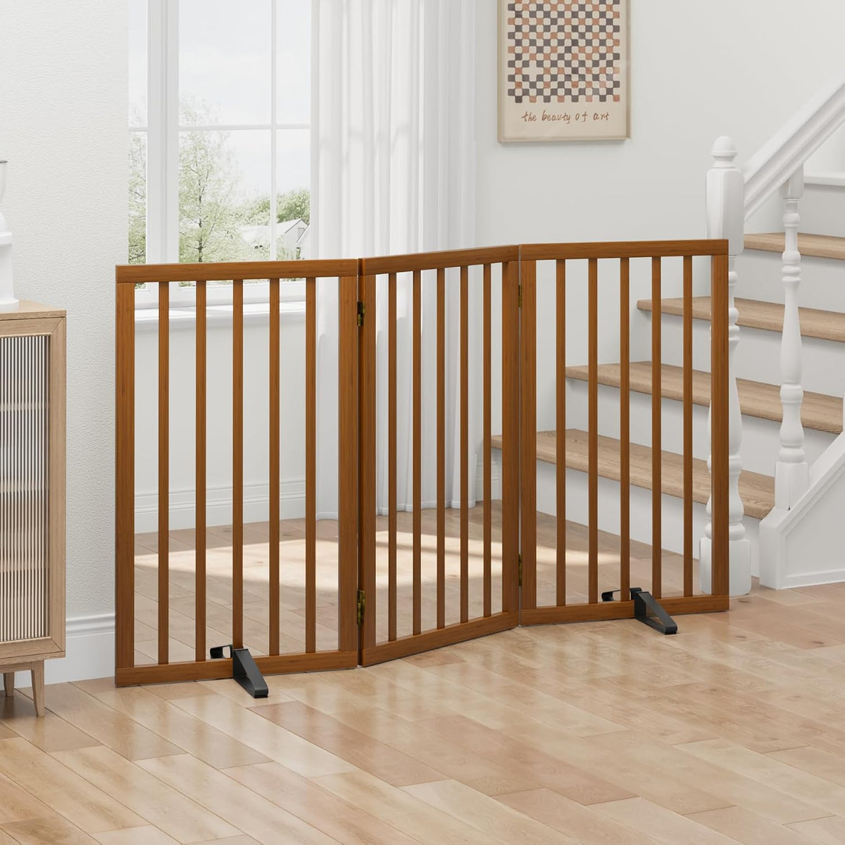 Dog Gates for Doorways, Tall Dog Gate Indoor, Foldable Pet Gates for Doorways Bedroom, Freestanding Puppy Gate with Metal Support Feet, Room Divider,3 Panels (Walnut)