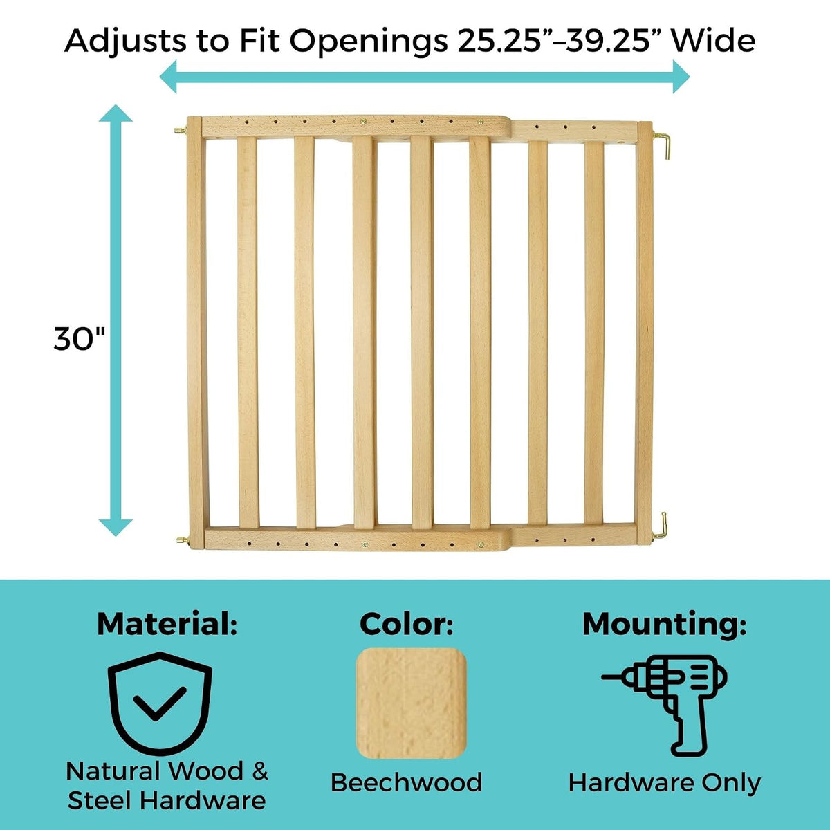 Toddleroo LuxeCraft Wood Baby Gate; 25.25"-39.25" Wide, 30" Tall, Natural