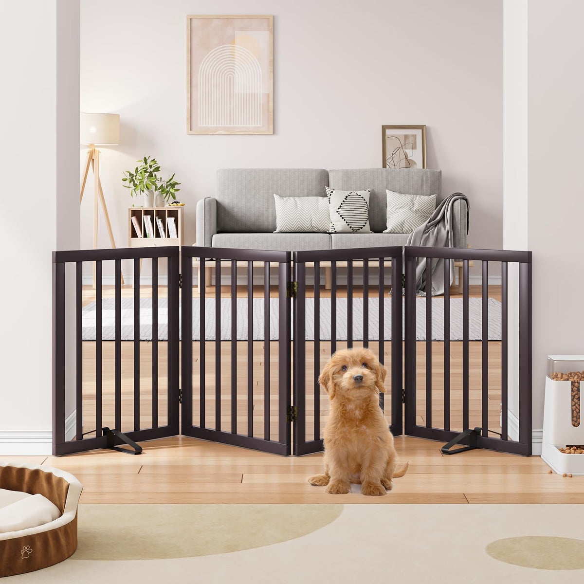 Semiocthome Dog Gate Indoor 2-Panel Freestanding Puppy Gates for The House with 2 Metal Stands 24" H Folding Wood Pet Gate for Stairs Doorway, Fully Assembled Safety Fence - Walnut