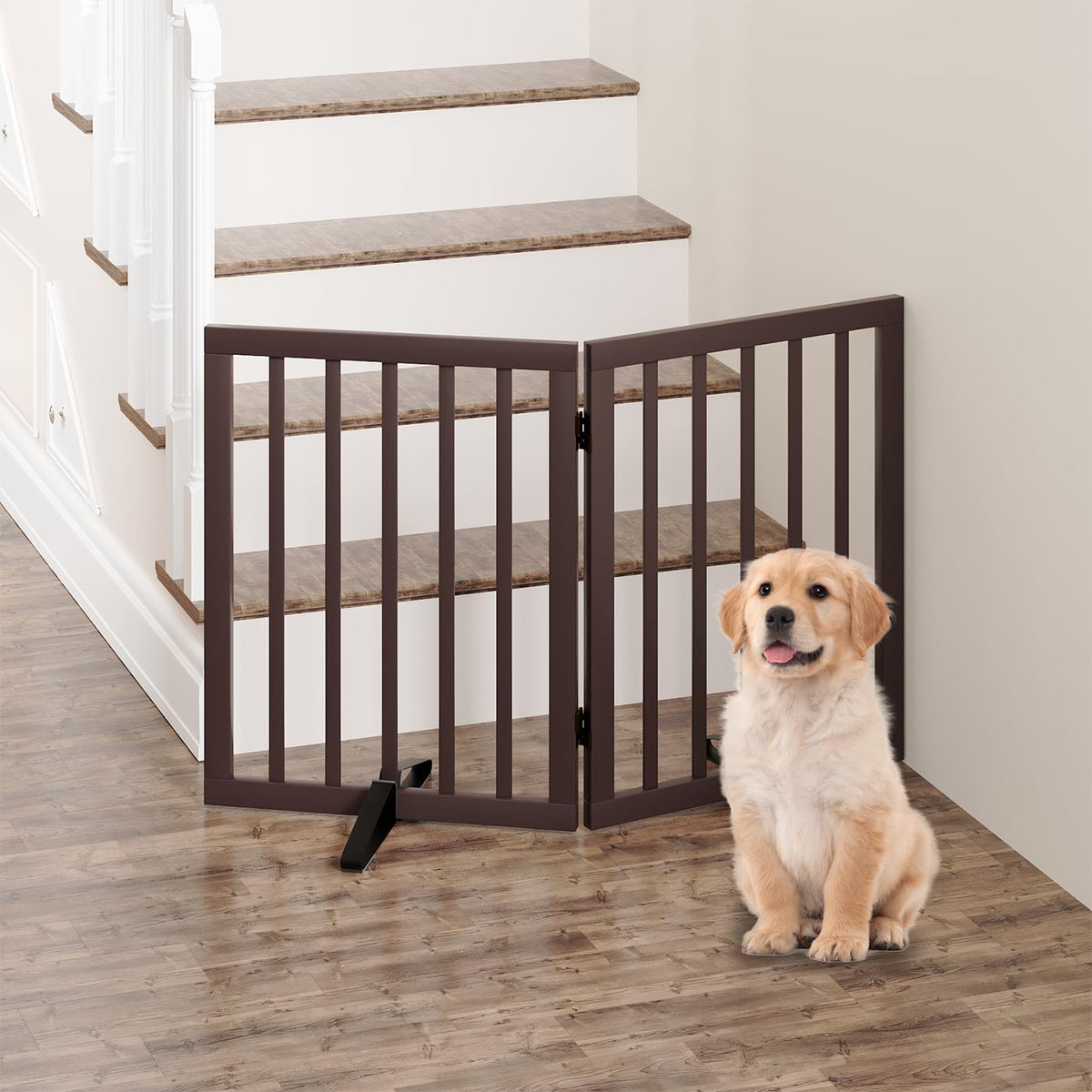 Dog Gates for Doorways, Tall Dog Gate Indoor, Foldable Pet Gates for Doorways Bedroom, Freestanding Puppy Gate with Metal Support Feet, Room Divider,3 Panels (Walnut)