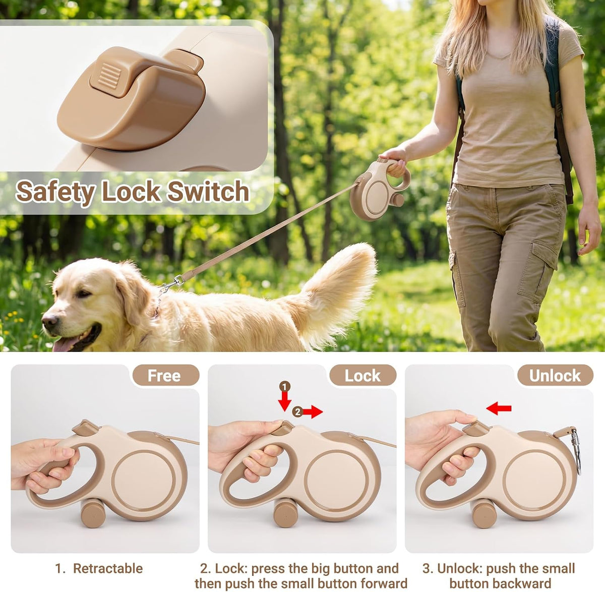 Segarty 26 Ft Walking Lead with Poop Bag Holder for Pet 66 lbs - 110 lbs, 360°Tangle-Free 8m Long Retractable Leash with Anti-Slip Handle One-Handed Brake Pause Lock, Heavy-Duty Leash for Dogs Outside