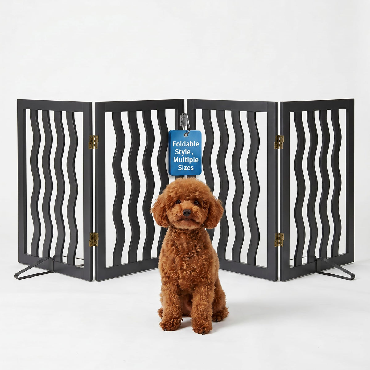 Semiocthome Dog Gate Wooden 360° Foldable 24 Inch Height Freestanding Pet Safety Gate with 2 Metals Stands for Puppy Indoor House Use (Brown, 2-Panel, Rounded Corner Pattern)