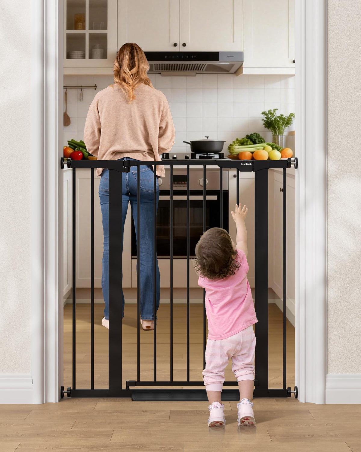InnoTruth 29.6-39.1 in Wide Baby Gate for Stairs and Doorways, Brown