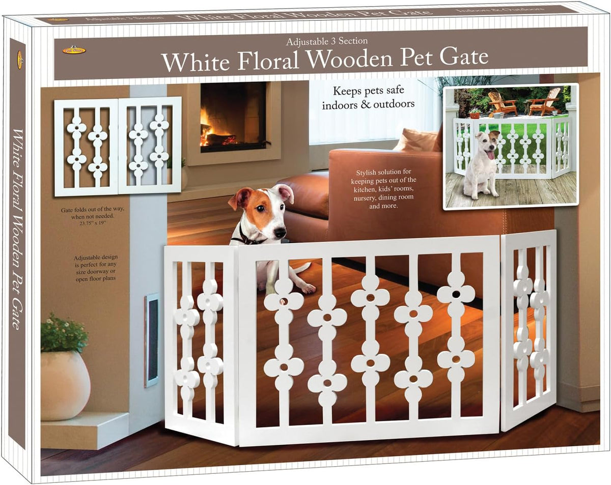 Etna White Floral Wooden Pet Gate - Freestanding Foldable Adjustable 3-Section Dog Gate. Extra Wide, Keeps Pets Safe Indoors/Outdoors - Fully Assembled