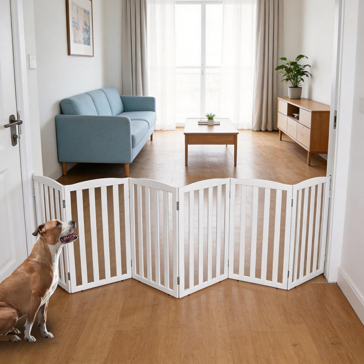 ZJSF Foldable Freestanding Indoor Dog Gate for House Wood White Long Pet Gates Dog Fence for Stairs Puppy Gates for Hallways, Puppy Gate,Support Feet Included, Brown, 24 "Height-3 Panels