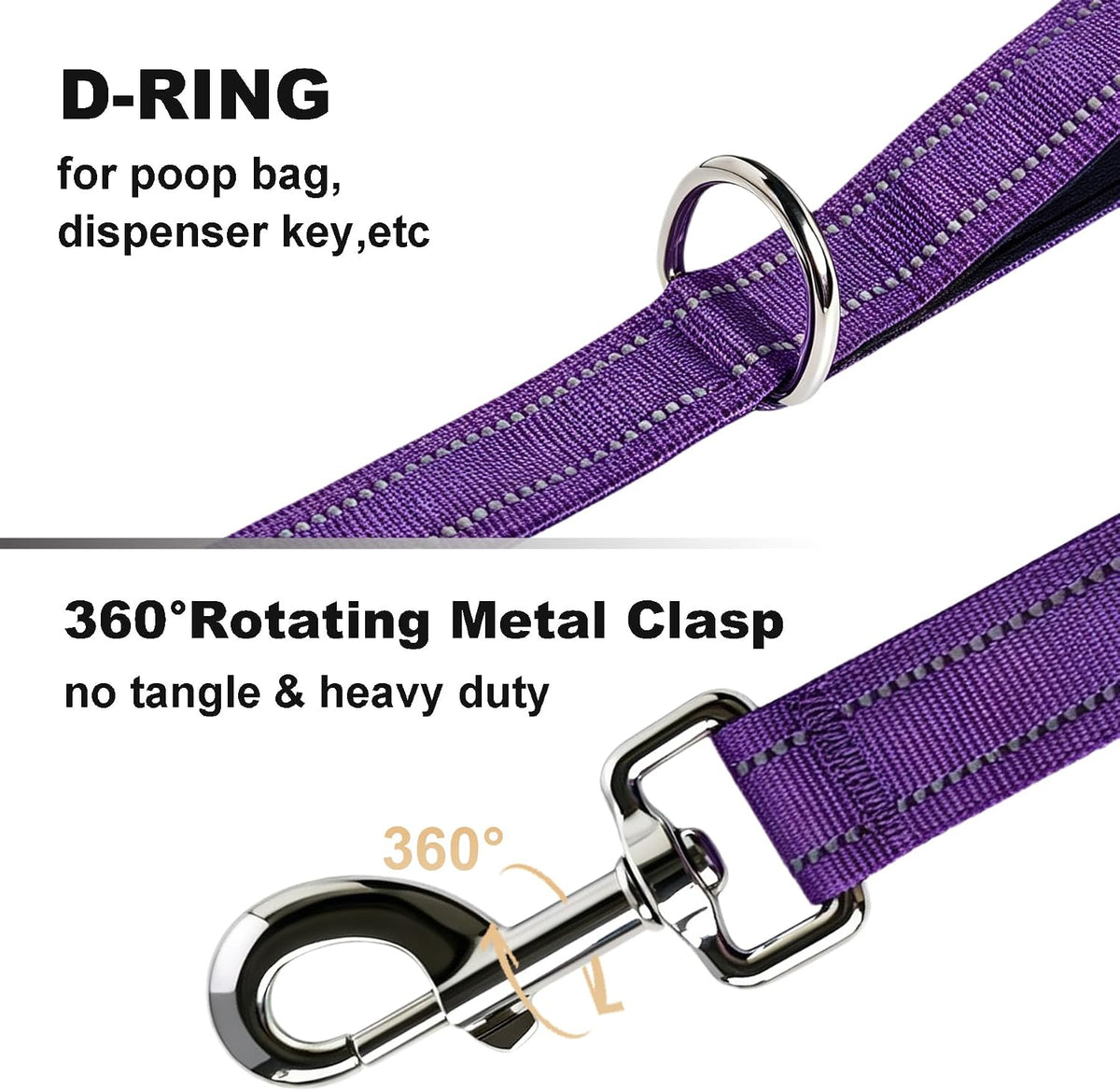 Bungee Dog Leash 5FT-6FT Shock Absorbing, Heavy Duty Tactical Dog Lead with Padded Double Handles, Car Seat Belt, No Pull Reflective Training Leashes for Medium Large Dogs (Purple)