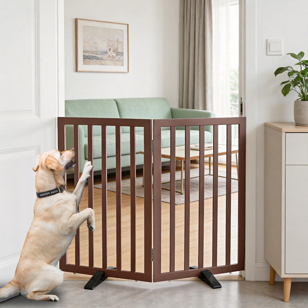 ZJSF Freestanding Indoor Dog Gate for House Foldable Wood Brown Puppy Gate for Doorways Pet Gate for Stairs Extra Wide Pet Fence 24" Height 2 Panels