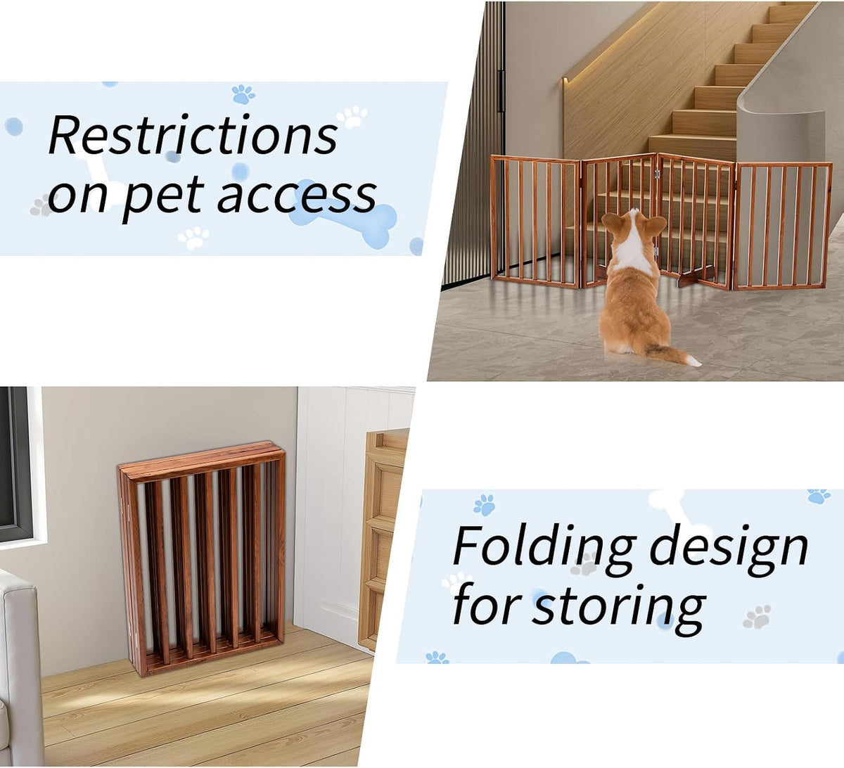 Outvita Freestanding Dog Gate, 24" H Foldable Wooden Pet Barrier Fence, 4-Panel Extra Wide Pet Fence with Support Feet for Stairs, Hallways,Doorways(Brown)