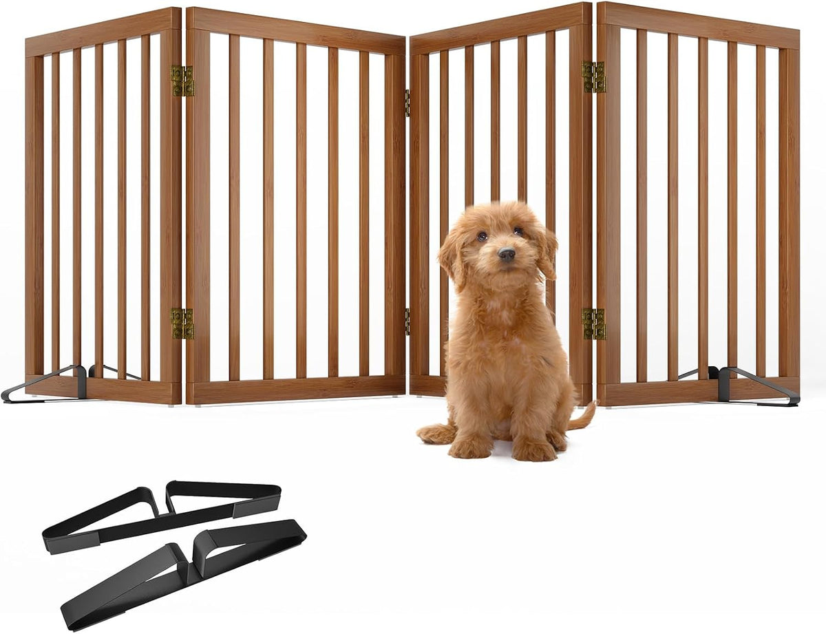 Freestanding Pet Gate Foldable 4 Panel Dog Gate Walnut Dog Gates for Stair Doorways House Indoor (2 Support Feet Included)