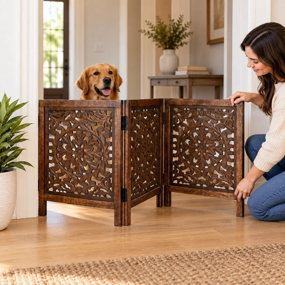 Free Standing Dog gate, Foldable Wooden Pet Gate Indoor 20W x 24H