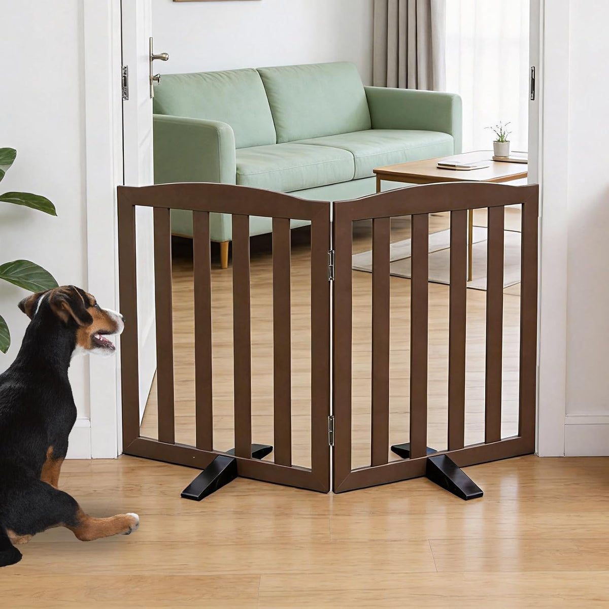 Freestanding Dog Gate Indoor,Doggie Gate Foldable Pet Gates for Doorways,Stairs or Hallways, Wooden Brown Pet Gate for the House, Pet Fence with Support Feet Included,24 "Height-2 Panels