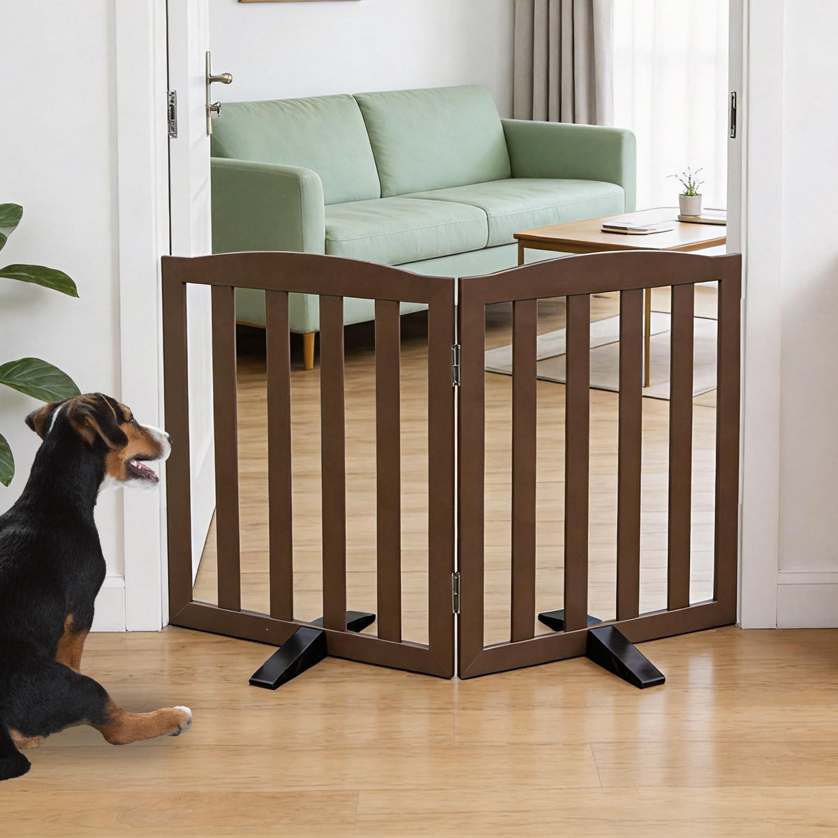 Freestanding Dog Gate Indoor,Doggie Gate Foldable Pet Gates for Doorways,Stairs or Hallways, Wooden Brown Pet Gate for the House, Pet Fence with Support Feet Included,24 "Height-2 Panels
