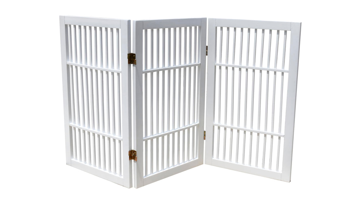 Urnporium Freestanding Wooden Dog Gate Foldable Indoor Pet Gate No Drill Expandable Barrier for Doorways Stairs Hallways Portable Wood Fence for Small Dogs & Puppies (Brown Pet Gate, 3 Panel 24" Tall)