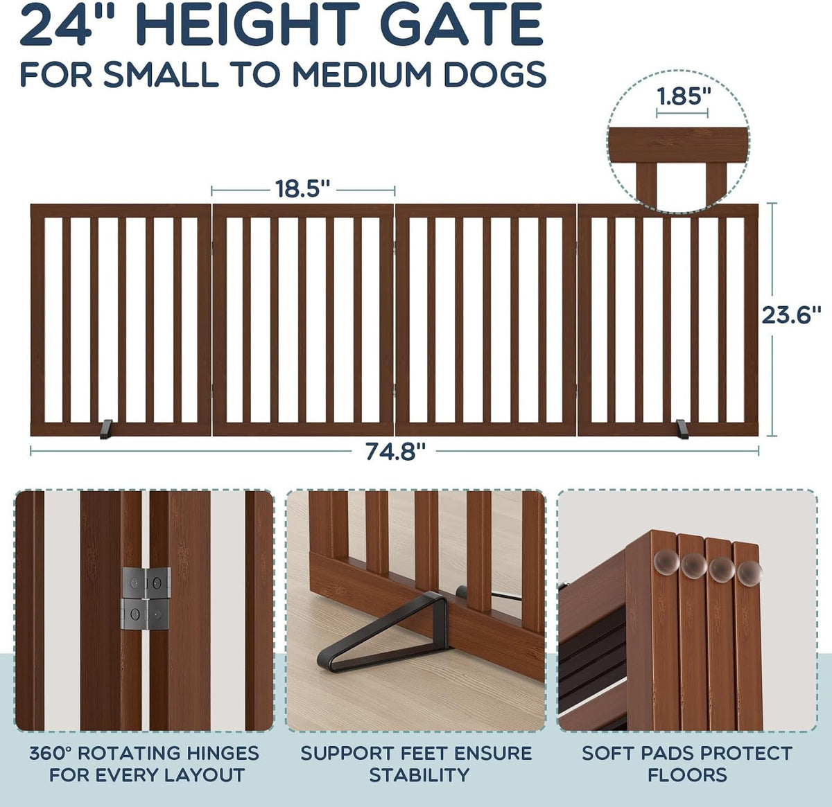 Homykic Freestanding Dog Gate Indoor, 75”W X 24”H Bamboo Pet Gate, Walnut