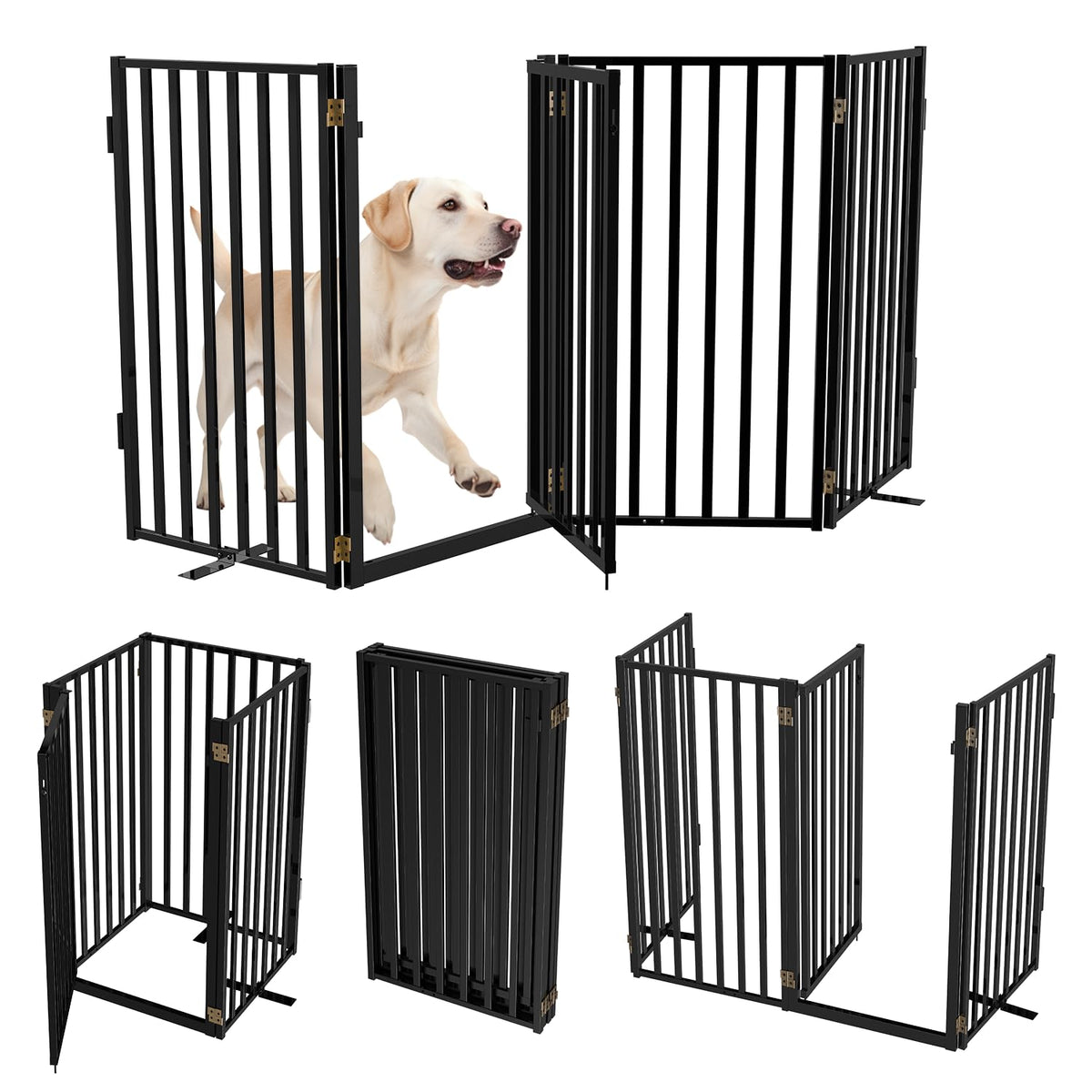 Full Metal Freestanding Dog Gates with Door, 36" Height Dog Fences for Indoor & Outdoor, Extra Wide Foldable Pet Gates for Stairs, Hallways, Doorways, Yard (4 Panels, 80" W × 36" H)