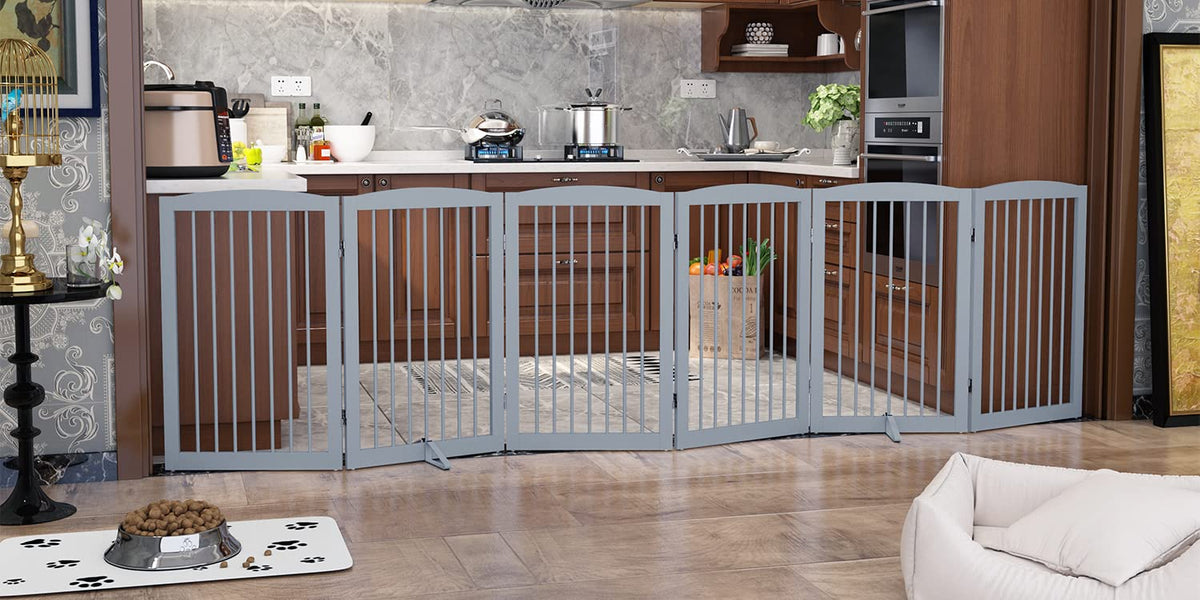 PUPETPO Freestanding Pet Gate for Dogs, Foldable Wooden Dog Gate for House, Indoor Pet Barrier for Stairs, Doorways, Support Feet Included, 24" Height 2 Panels, White