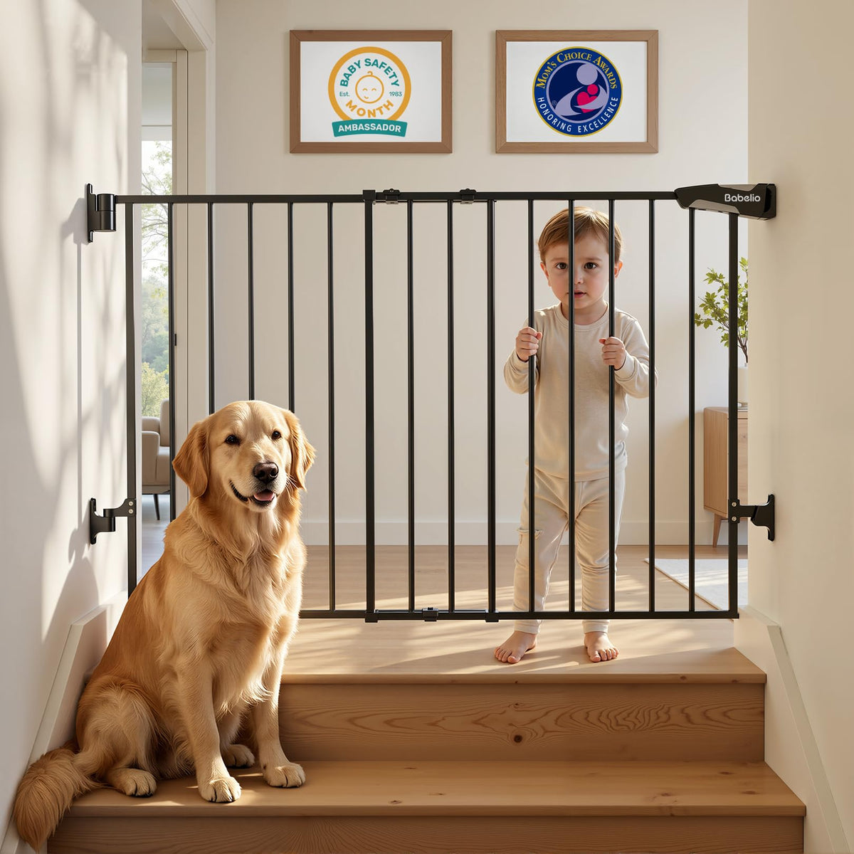 Babelio 34" Extra Tall No Bottom Bar Baby Gate, 26-43", Brown Wood Pattern