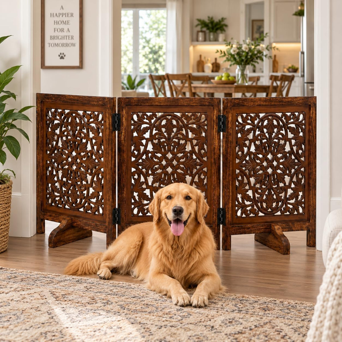 Dog Gate Freestanding 60x24, Burnt Daisy, Folding 3 Panel